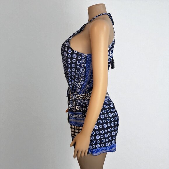 Halter Neck Blue Short Keyhole Romper - Picture 3 of 7